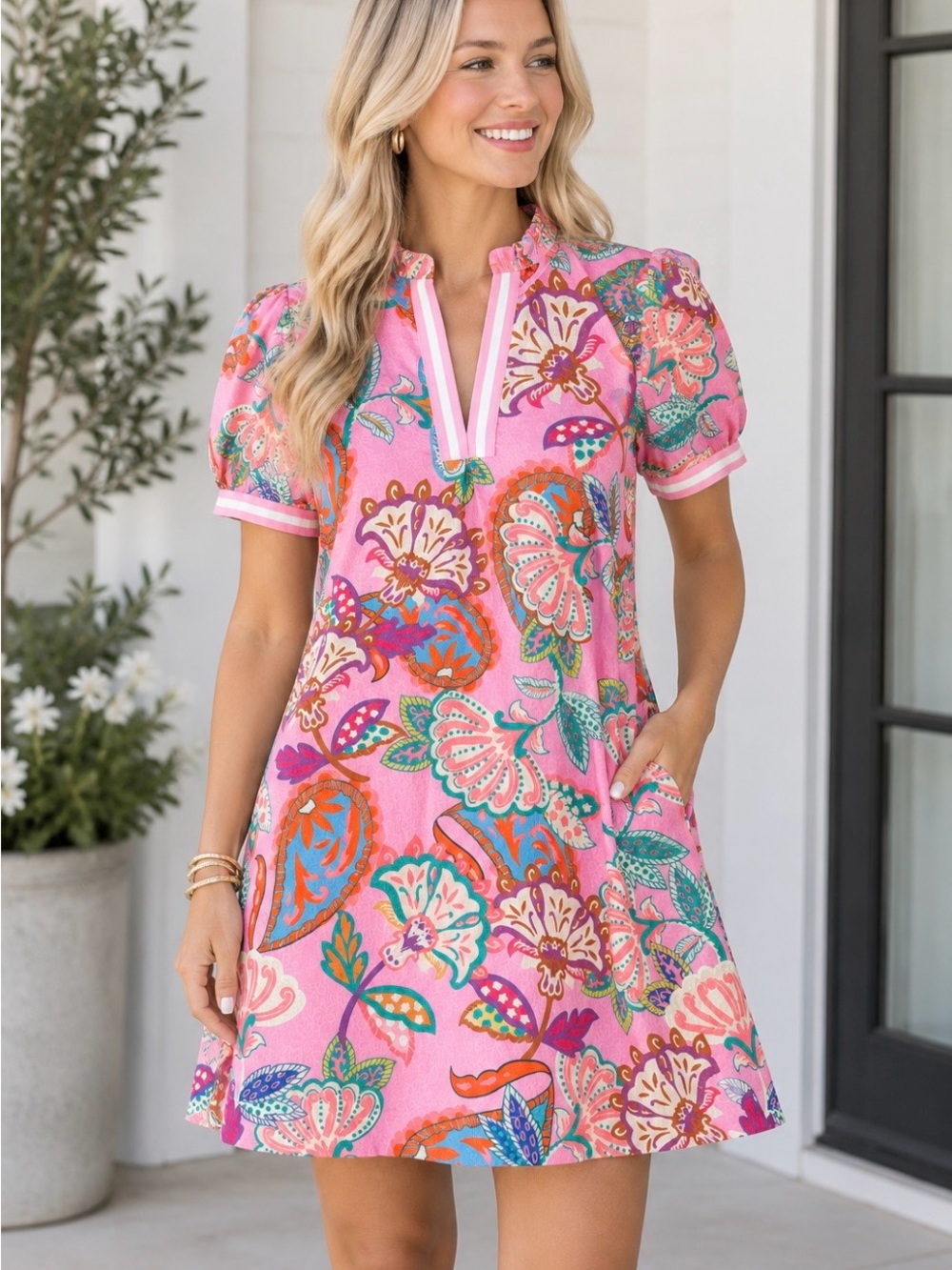 Umgee Pink Multicolor Floral Short Sleeve Dress